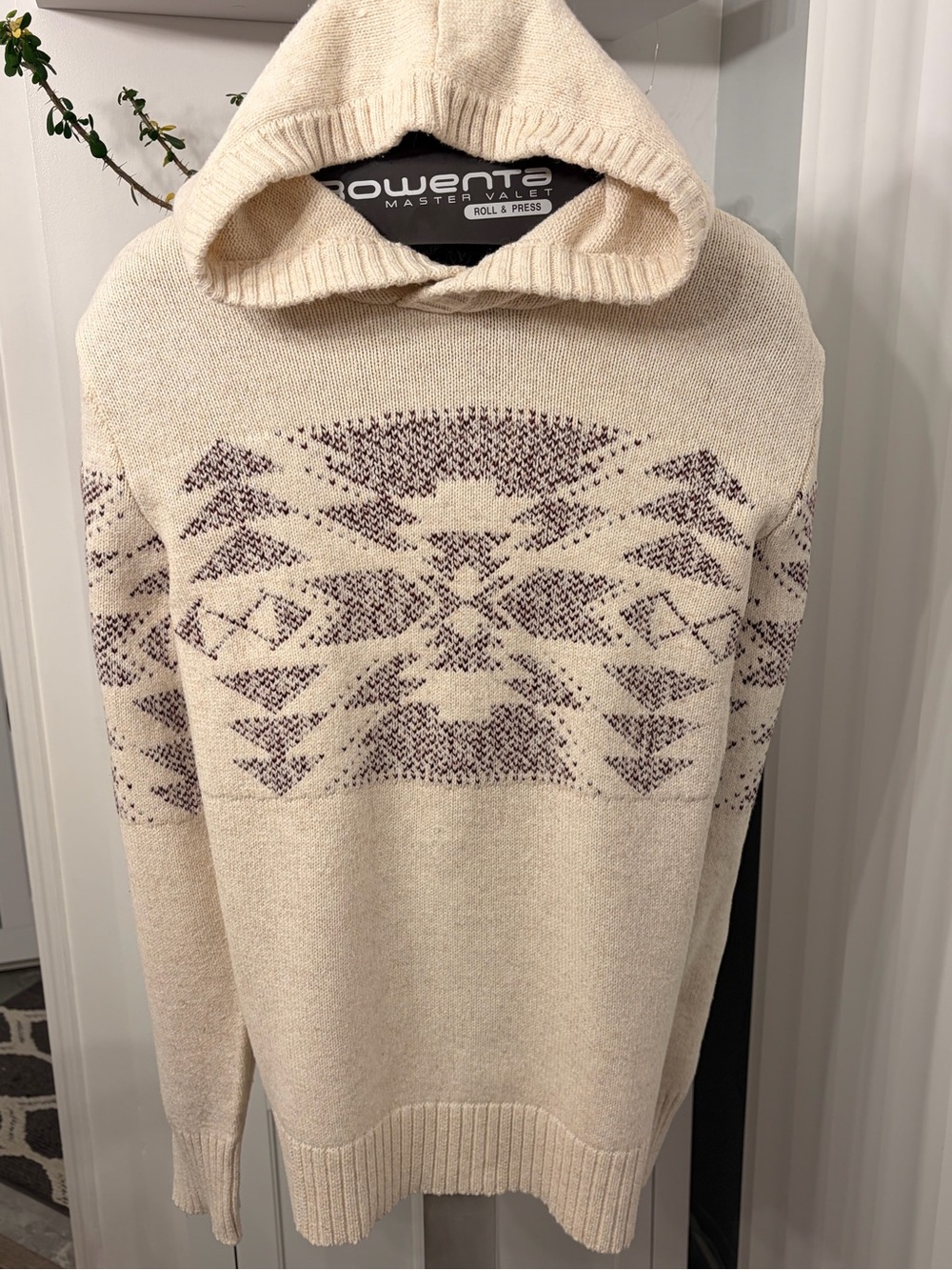 American Eagle Outfitters Cream Hooded Sweater with Geometric Knit